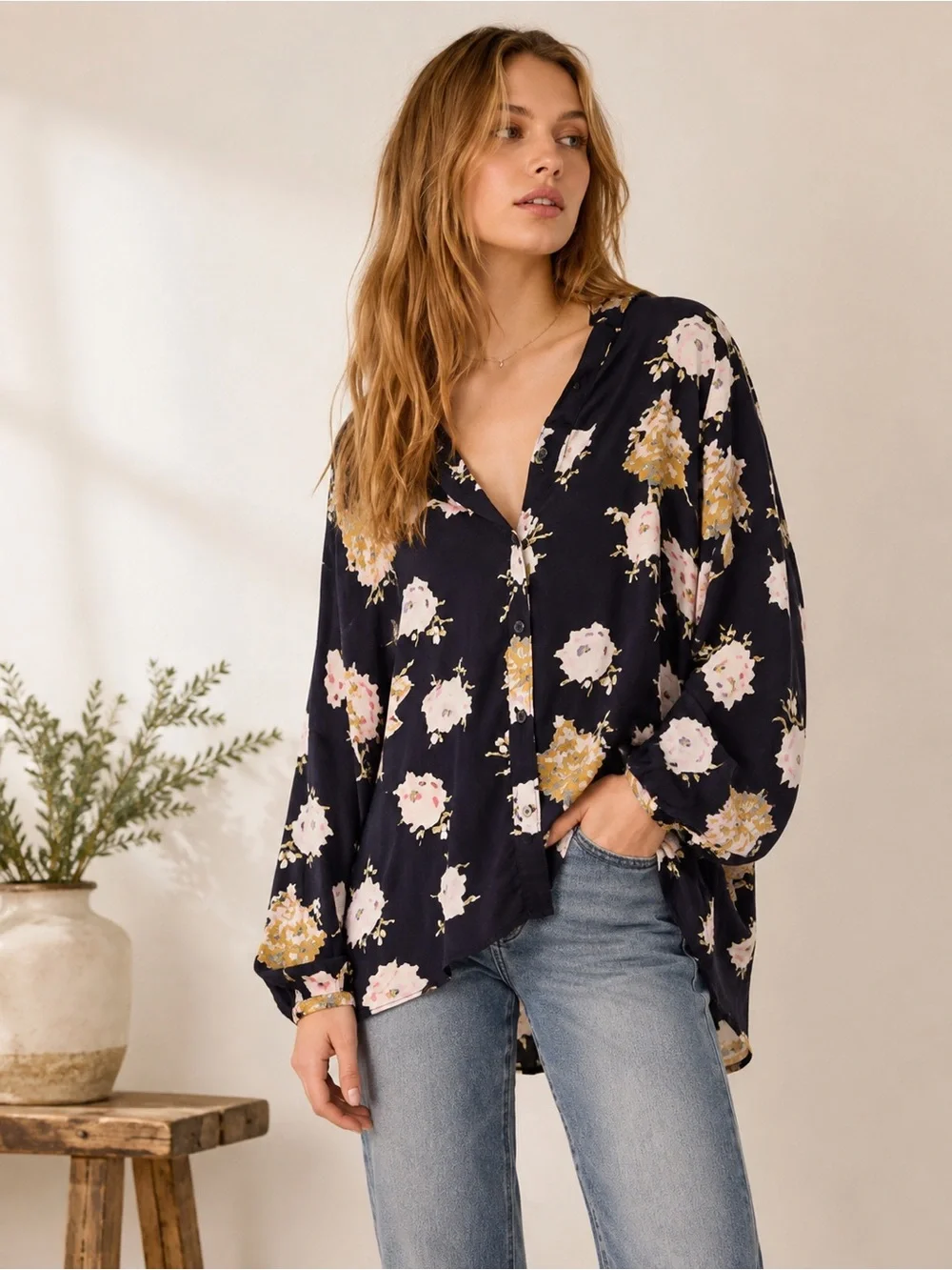 Free People Julia Floral Oversized High Low Blouse Navy Size XS NWOT